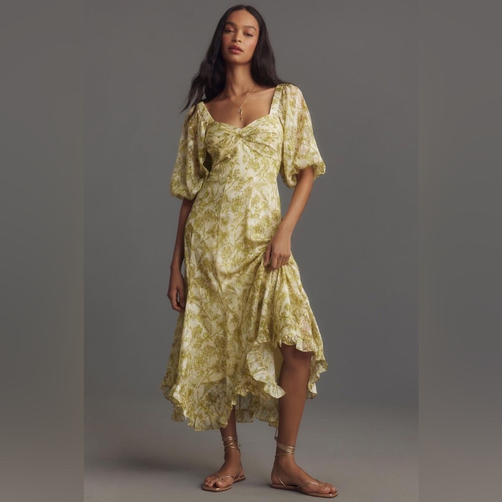 🆕(NWT) HUTCH Printed Twist-Front Puff-Sleeve Ruffle-Hem Dress Size M. *SEE NOTE*